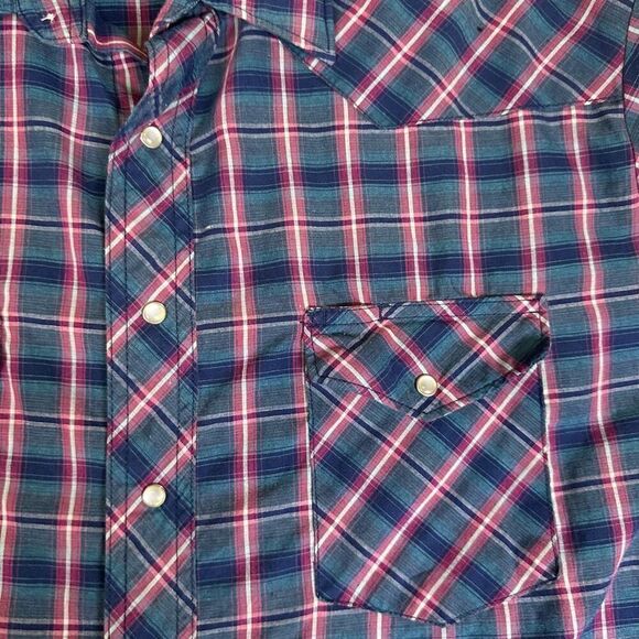 Wrangler Western Mens 2XT Pearl Snap Front Shirt Blue Red Plaid Short Sleeve - Picture 6 of 7